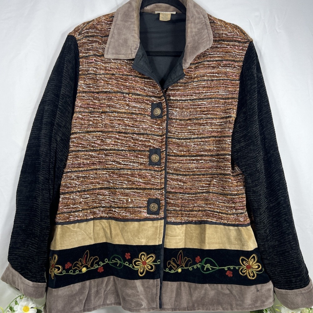 Vintage Studio Works‎ Tweed Tapestry Floral Velour Button Up Jacket Womens Sz L